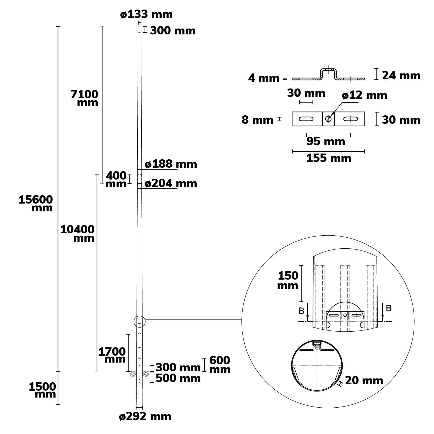 Lichtmast 16m, Zopfmaß 133mm
