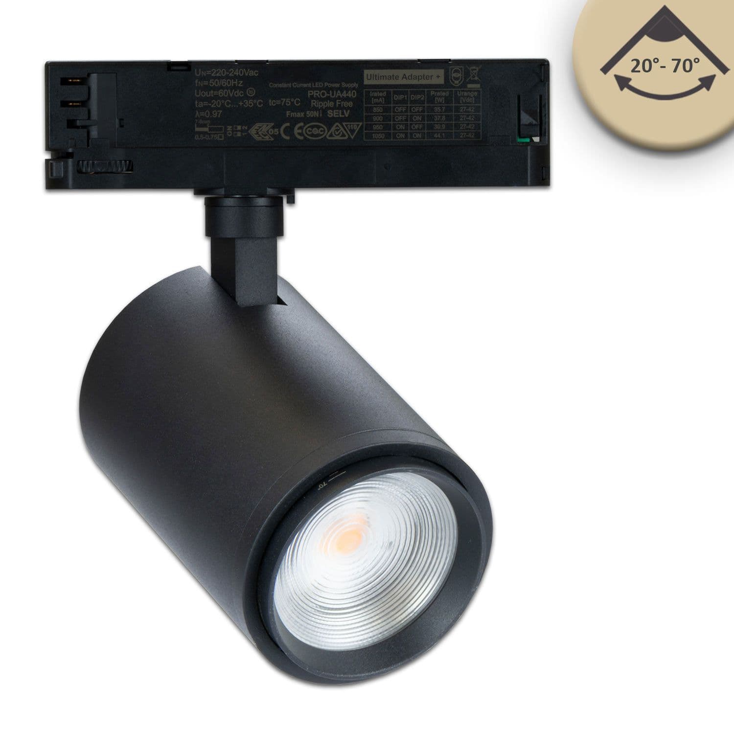 3-Phasen Schienenstrahler fokussierbar, 34W, 20°-70°, schwarz matt, Bread 2700K