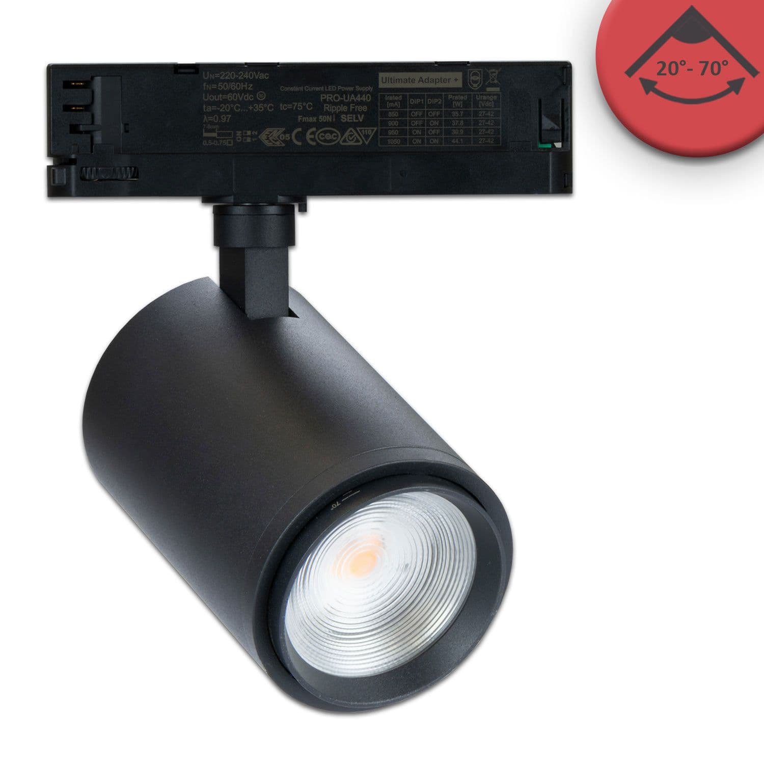 3-Phasen Schienenstrahler fokussierbar, 34W, 20°-70°, schwarz matt, Meat 1900K