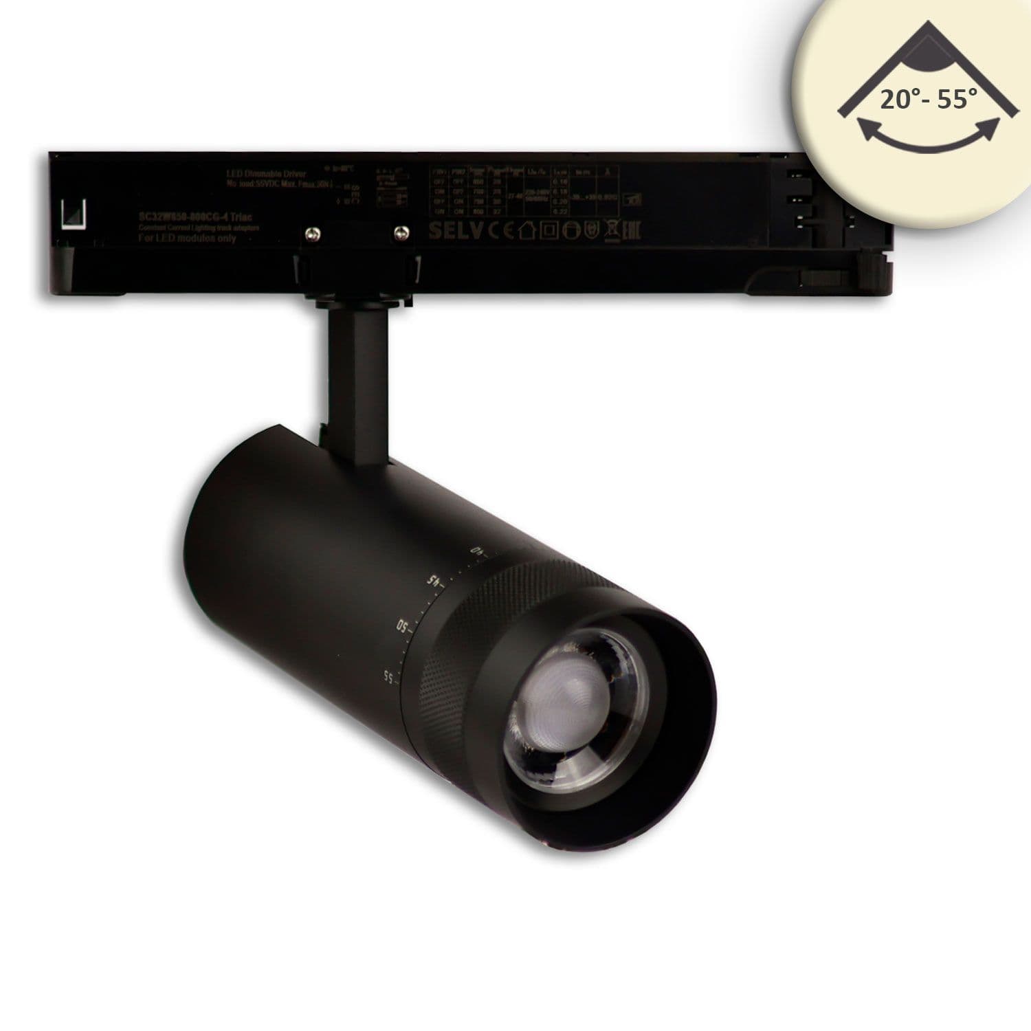 3-Phasen Schienenstrahler fokussierbar, 24W, 20°-55°, schwarz matt, 3000K, DALI dimmbar