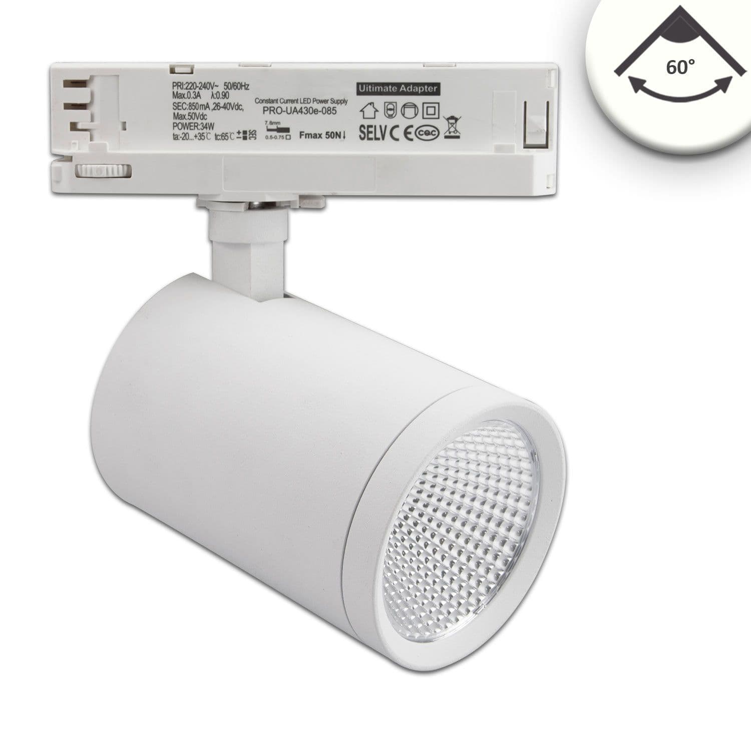 3-Phasen Schienenstrahler, 35W, 60°, weiß matt, 4000K, CRI90