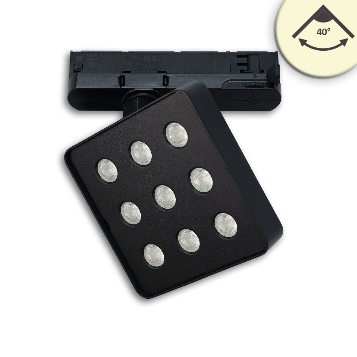 3-Phasen Schienenstrahler MATRIX, 20W, 40°, schwarz, 3000K, UGR<19, DALI dimmbar