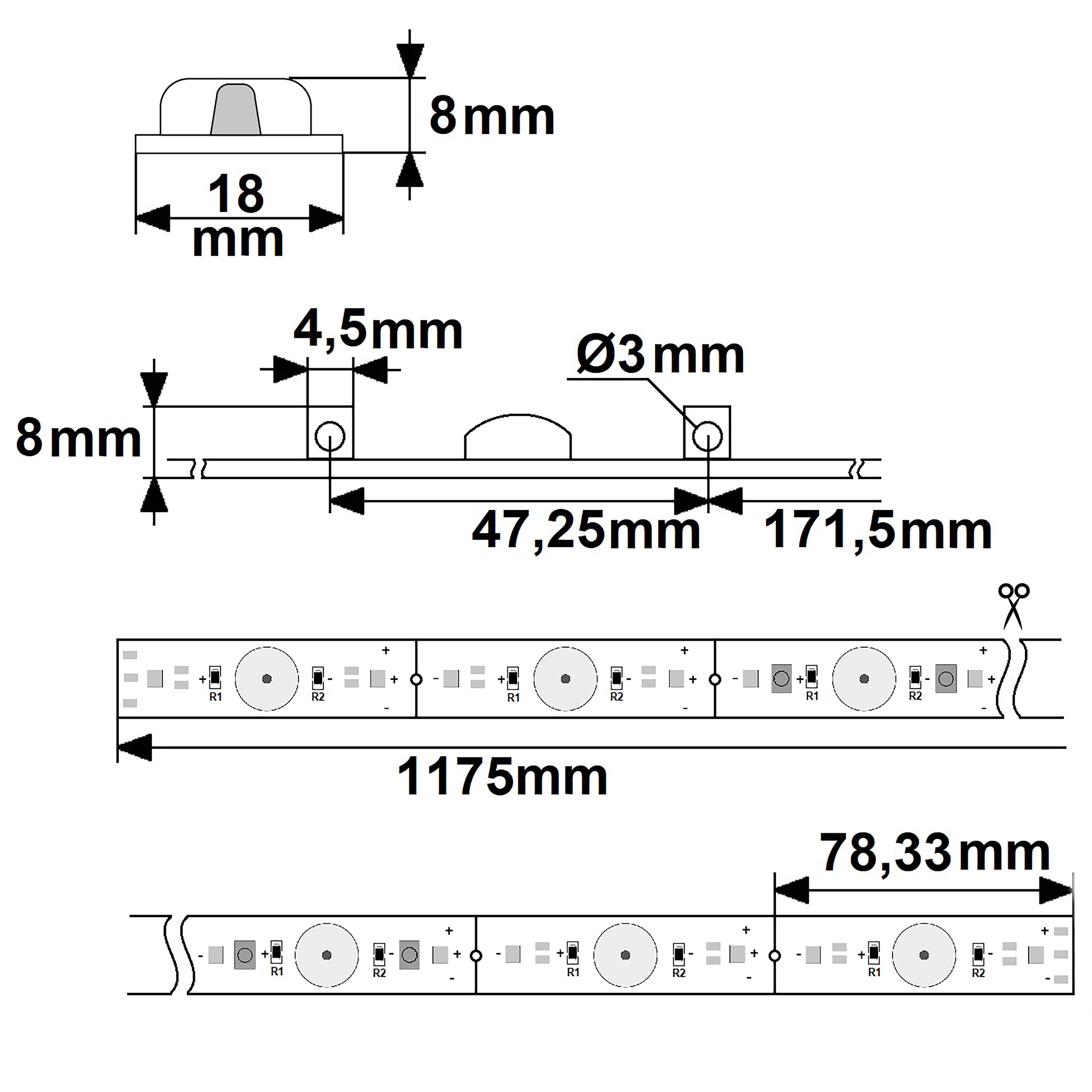LED Platine Backlight 825/855, 1175mm, 180° Linse, 24V, 8W+8W, IP20, weißdynamisch, dimmbar