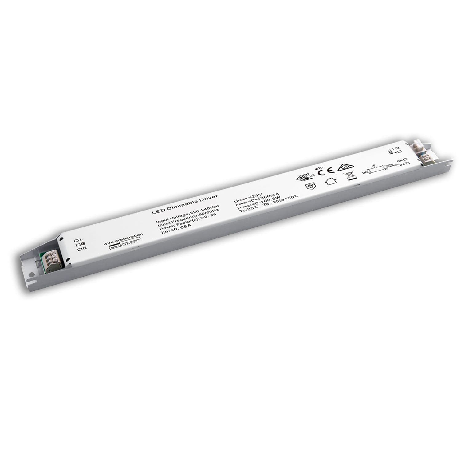 LED PWM-Leuchten-Trafo 24V/DC, 0-100W, Push/DALI dimmbar, flach, schmal