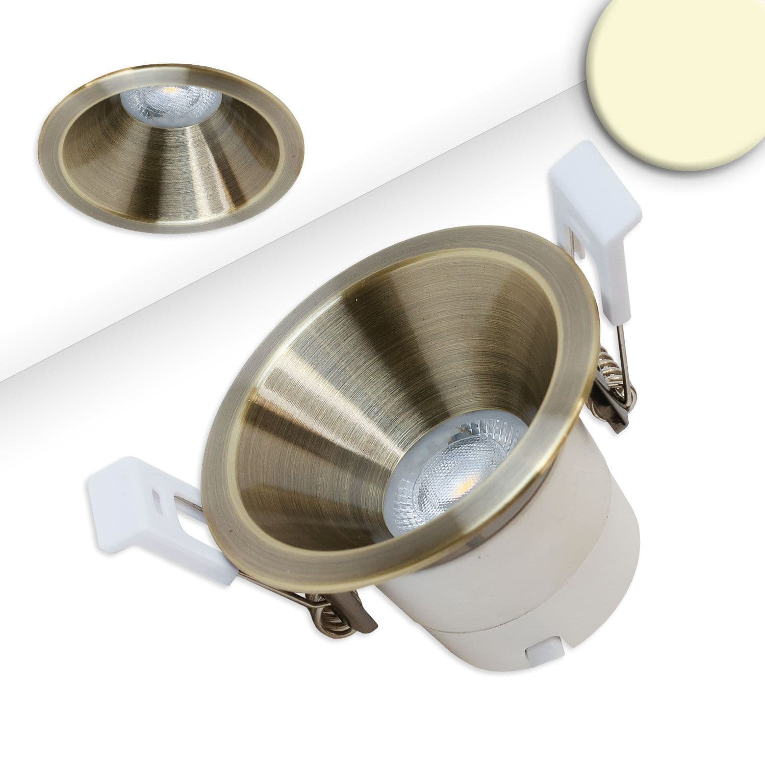 LED Einbaustrahler BACK60, messing geb., rund, 5W, CRI90, 3000K, rückversetzt, UGR<12, dimmbar