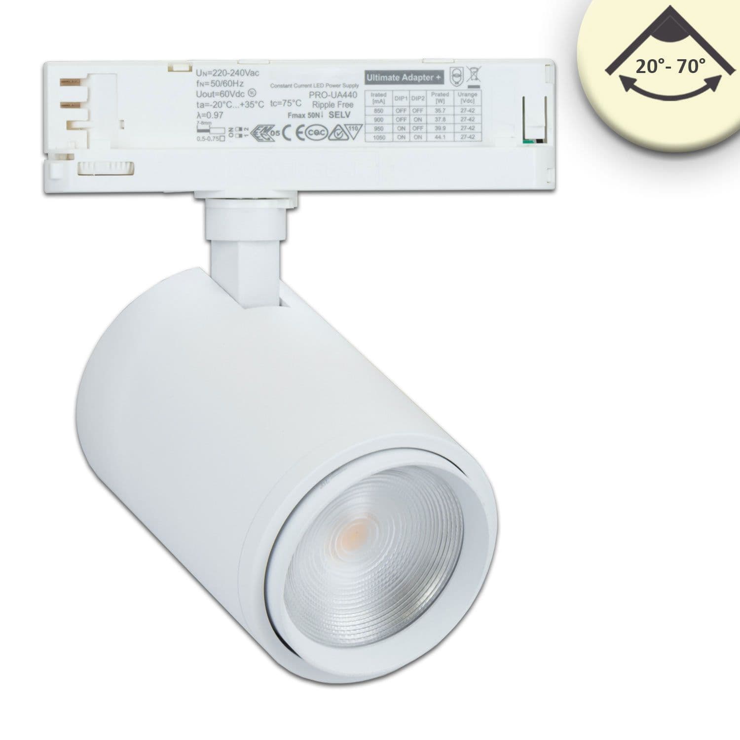 3-Phasen Schienenstrahler fokussierbar, 42W, 20°-70°, weiß matt, 3500K, CRI92