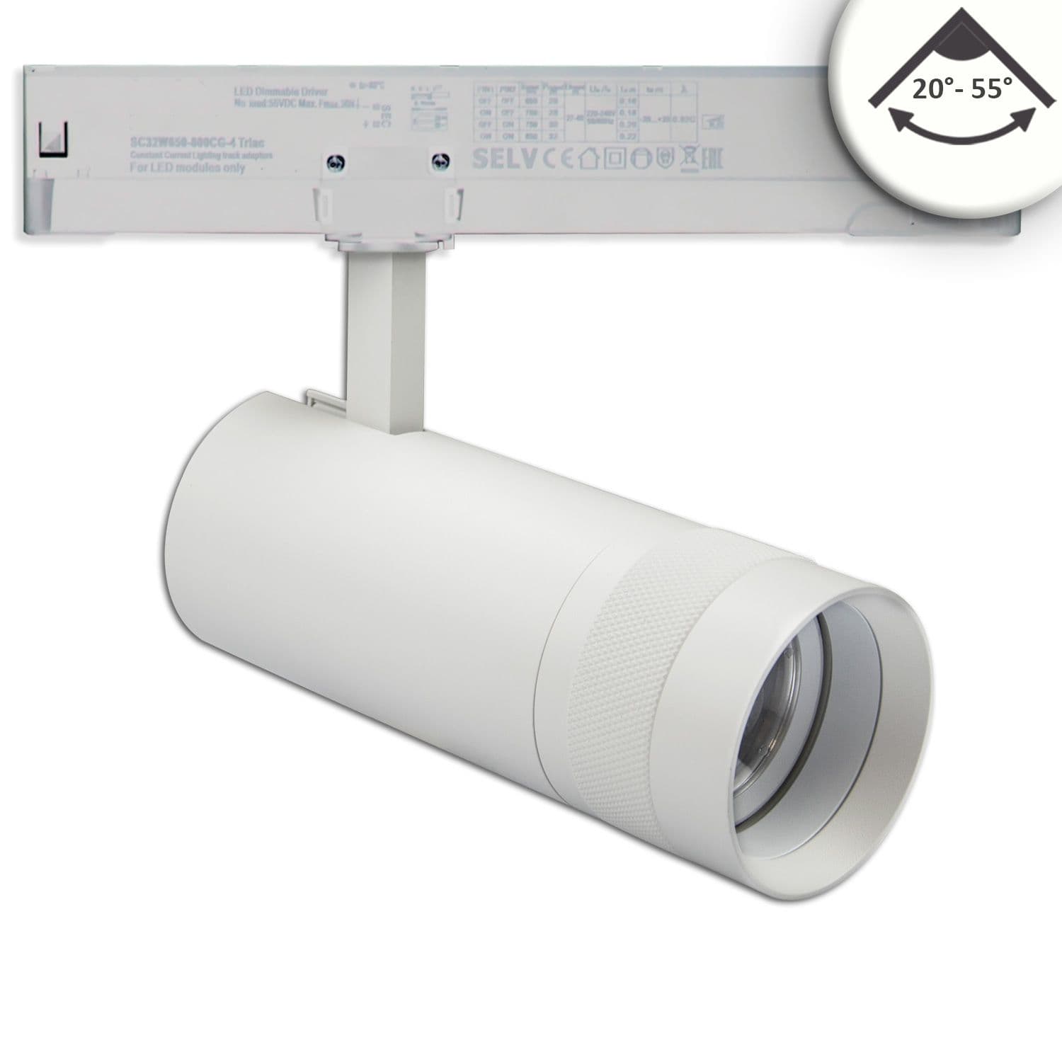 3-Phasen Schienenstrahler fokussierbar, 24W, 20°-55°, weiß matt, 4000K, dimmbar